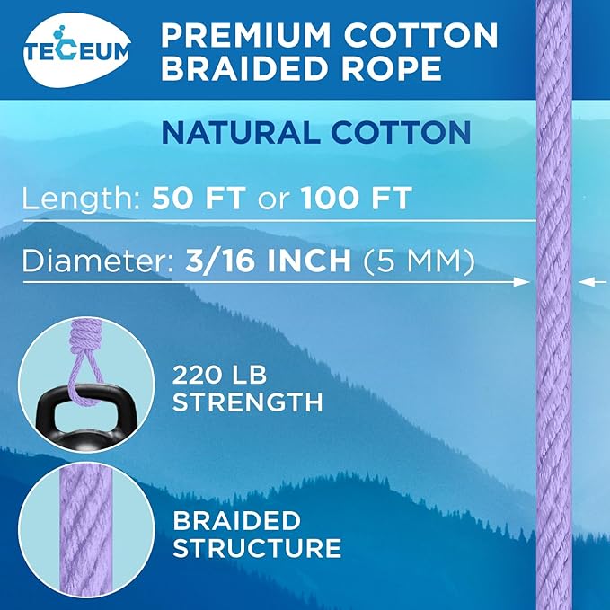 TECEUM Cotton Rope 3/16” (5 mm) – 100 FT – Strong All-Purpose Braided Rope – Natural Cotton – for Crafting, Сamping, Clothes Line, DIY, Indoor & Outdoor Use – Lavander