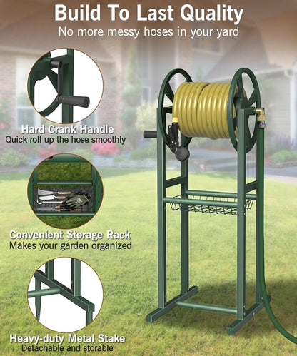 Garbuildman Ground Mount Garden Hose Reel Holds 125 Feet of 5/8-Inch with 3.9 ft Leader Hose, Brass Fitting, Water Hose Holder Stand with Storage Rack & 4 Spikes Base for Outdoor Lawn, Green