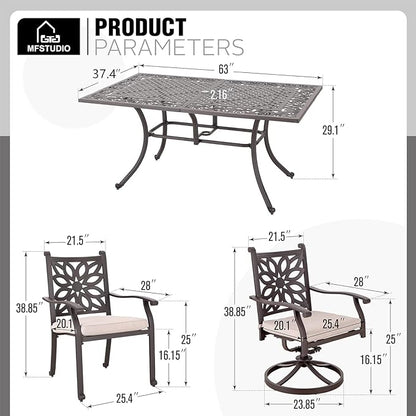 MFSTUDIO 7 Pieces Cast Aluminum Patio Dining Set with 2×Swivel & Rock Chair, 4×Extra Wide Dining Chair and 1×63" Rectangular Dining Table, Outdoor Dining Set for 6, Brown