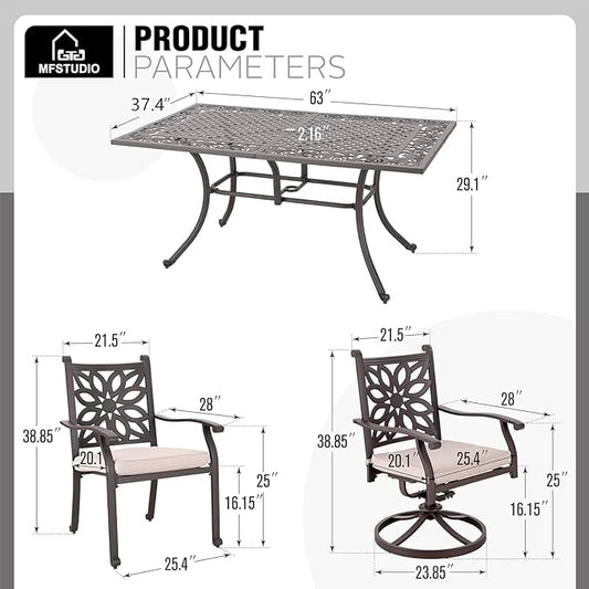 MFSTUDIO 7 Pieces Cast Aluminum Patio Dining Set with 2×Swivel & Rock Chair, 4×Extra Wide Dining Chair and 1×63" Rectangular Dining Table, Outdoor Dining Set for 6, Brown