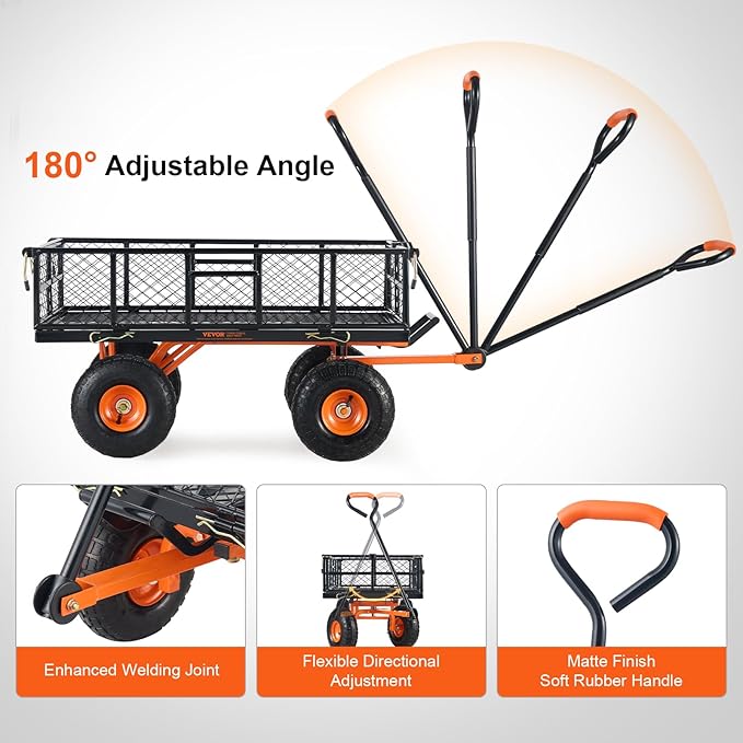 VEVOR 880lbs Steel Garden Dump Cart Utility Wagon, Heavy Duty Yard Dump Wagon Cart with Removable Sides, Pullable Handle, Utility Liner, 10in All Terrain Wheels