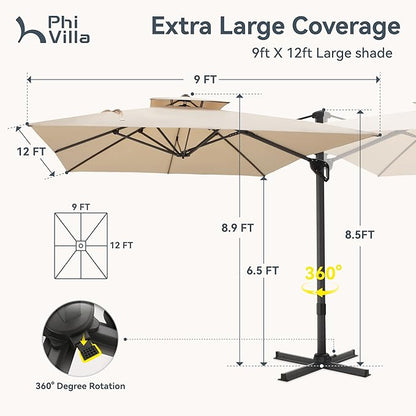 PHI VILLA 9'x 12' Large Patio Umbrella, Outdoor Aluminum Cantilever Umbrella with Double Top Rectanglar Canopy, Windproof Hydraulic Offset Umbrella for Pool, Deck, Garden, Beach, Porch, Beige