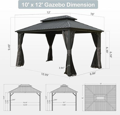 Domi Hardtop Gazebo 10x12FT, Aluminum Outdoor Gazebo with Galvanized Steel Double Roof Canopy, Curtains and Netting Included, Metal Gazebo Permanent Pavilion for Patio, Lawn, Garden, Gray