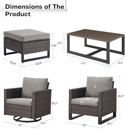 Wicker Furniture Set: 7 Piece Outdoor Furniture Set with 2 Swivel Chairs, 2 Single Chairs, Coffee Table and 2 Ottomans - Brown / Grey