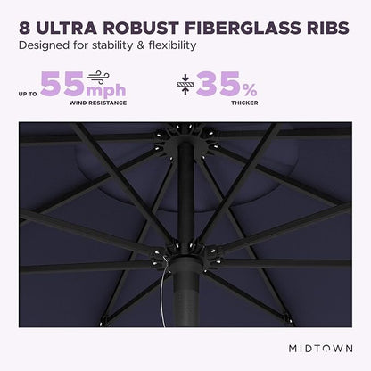 Midtown Umbrellas Push and Pop 9 Feet Outdoor Umbrella, Navy Blue Polyester Fabric - Fiberglass Ribs Deck Patio Umbrella, Backyard Umbrella, Garden Umbrella & Pool Umbrella - Black Pole
