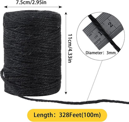 3mm 328 Feet Black Natural Jute Twine, for Crafts Gift, Craft Projects, Wrapping, Bundling, Packing, Holiday Packaging Twine, Gardening and More, Jute Rope to Use Around The House and Garden