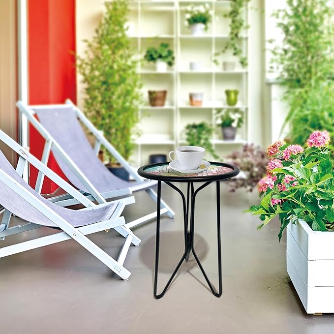 HONGLAND Outdoor Side Table, Small Mosaic Patio Table, 12" Round Metal Side Table End Table, Glass Plant Stand, Small Bistro Coffee Table Plant Stand for Garden Yard Porch Living Room（Hummingbird）