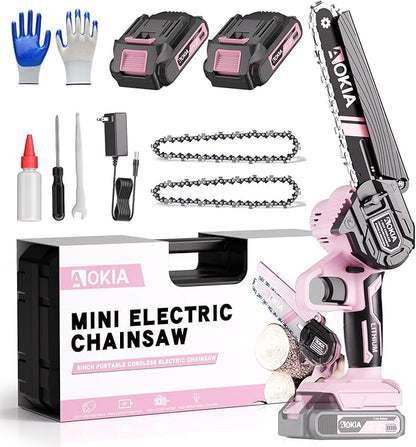 Cordless Mini Chainsaw 21V,6In Electric Chainsaw,Handheld & Portable Power Chain Saw for Tree Trimming Pruning Garden & Yard Work,2 Battery Chain Saw Gifts for Men Women Dad Pink