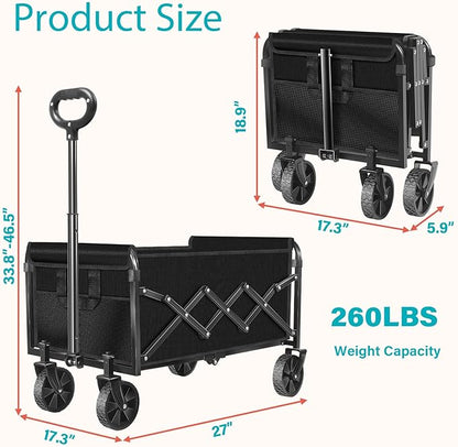 Wagons Carts Foldable, 260 Lbs with Adjustable Handle, Black Lightweight Portable, Collapsible Wagon for Camping, Shopping, Sports, Travel, Garage and Gardening Storage with Drink Holders