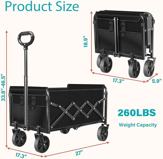 Wagons Carts Foldable, 260 Lbs with Adjustable Handle, Black Lightweight Portable, Collapsible Wagon for Camping, Shopping, Sports, Travel, Garage and Gardening Storage with Drink Holders