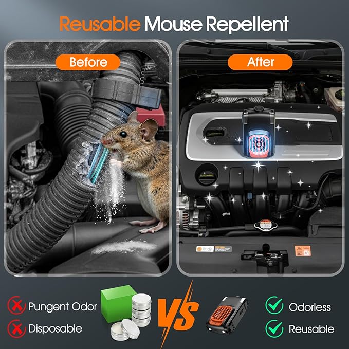 Upgraded 3-in-1 Repellent for Car Engines Rodent, Under Hood Animal Repellent, with Strobe Light, Keep Mice Away, for Car RV Garage Indoor 2 Pack（Black