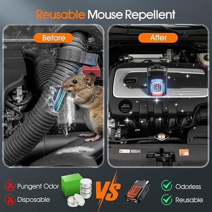 Upgraded 3-in-1 Repellent for Car Engines Rodent, Under Hood Animal Repellent, with Strobe Light, Keep Mice Away, for Car RV Garage Indoor 2 Pack（Black