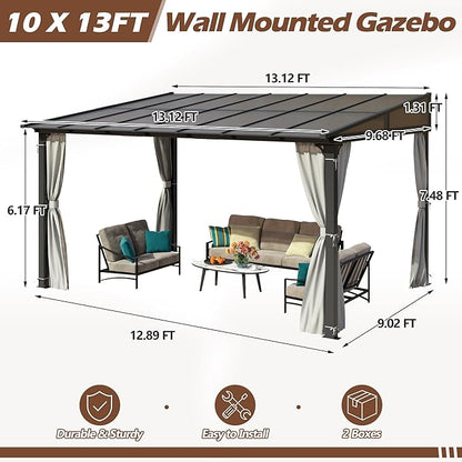 10 x13FT Outdoor Wall-Mounted Hardtop Gazebo, Aluminum Frame Lean to Gazebo with Polycarbonate Roof and Curtains for Patio, Garden, Deck