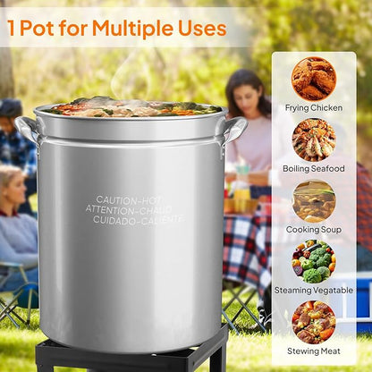 Bonnlo 62QT Stainless Steel Stock Pot for Boiling Seafood, Crawfish lobster & Crab, Frying Turkey & Steaming Tamales, Large Boil Pot with Steamer Basket, Lid, Lifting Hook for Outdoor Cooking Backyard