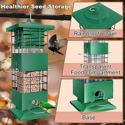 Squirrel Proof Bird Feeders for Outdoors Hanging, Large Capacity Gravity Protection Bird Feeders with 4 Feeding Ports, Metal Wild Bird Feeders for Outside, Finch, Cardinal, Blue Jay, 3.5Lbs