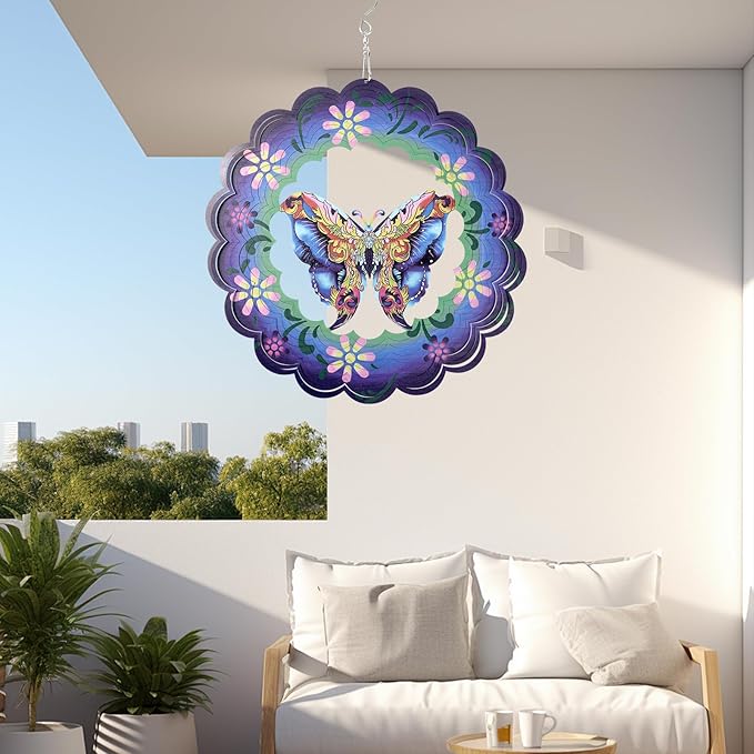 Butterfly Hanging Wind Spinners Outdoor,Metal Wind Spinners Outdoor Decor, 12 Inch 3D Aluminum Wind Powered Kinetic Sculpture, Butterfly Kinetic Sculpture for Yard Art, Garden Decoration