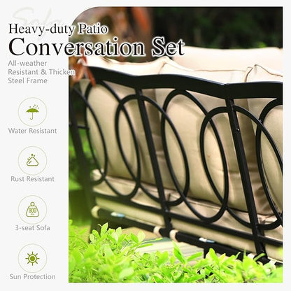 Sophia & William Metal Patio Furniture Set, 7 Seats Outdoor Conversation Set with 3-Seater Sofa, 2 Swivel Chairs, 1 Loveseat, 1 Coffee Table for Seating, Lawn Porch Backyard,Beige