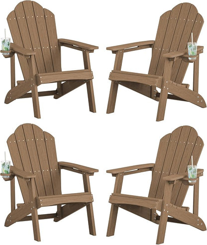 LUE BONA HDPE Adirondack Chairs Set of 2,Plastic Adirondack Chairs with Cup Holder Weather Resistant for Outdoor, Patio, Lawn, Garden, Backyard Deck, Fire Pit, Brown