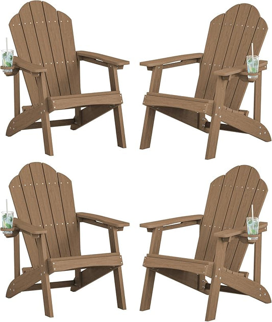LUE BONA HDPE Adirondack Chairs Set of 2,Plastic Adirondack Chairs with Cup Holder Weather Resistant for Outdoor, Patio, Lawn, Garden, Backyard Deck, Fire Pit, Brown