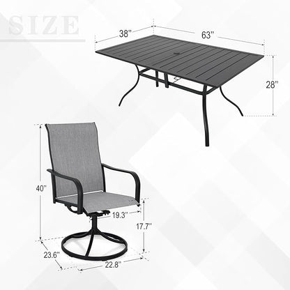 7-Piece Outdoor Dining 6 Swivel Chair and 63.5'' Rectangular Table with All Weather Frame for Backyard Front Porch Pool Deck Outdoor Furniture Set - Grey Style2