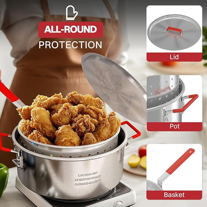 10QT Aluminum Fish Fryer Pot | with Lid & Tong | Deep Fryer with Basket | Indoor & Outdoor Cooking | All-Round Protection | Accessory Gift Pack | Perfect For Boiling ＆ Frying