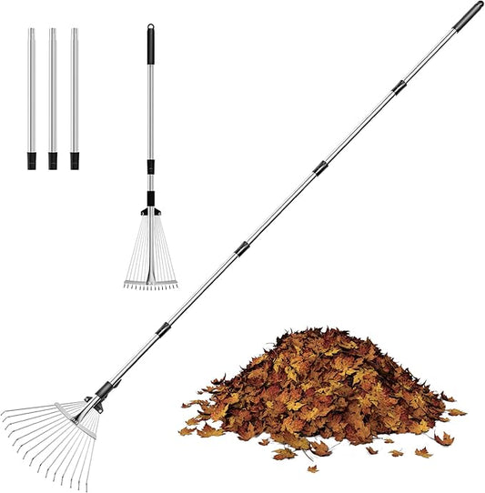 Garden Rake for Leaves, Heavy Duty Metal Adjustable Leaf Rake for Lawns, Length 37"-81", Adjustable Expandable Head 8"-15", Garden Tools for Lawn Garden Yard Flowers Beds Bush