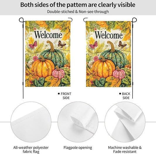 Welcome Fall Pumpkin Garden Flag Vertical Double Sided Outdoor Yard Flags 12.5x18 Inch Burlap Banners for House Lawn
