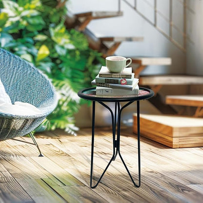 HONGLAND Outdoor Side Table, Small Mosaic Patio Table, 12" Round Metal Side Table End Table, Glass Plant Stand, Small Bistro Coffee Table Plant Stand for Garden Yard Porch Living Room（Hummingbird）