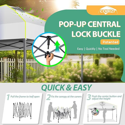 COBIZI 10x10 Pop Up Canopy Tent 1-Button Push Easy up Outdoor Canopy Instant Portable Commercial Shelter Waterproof UPF50+ Gazebo with Reflective Strip, Air Vent & 4 Sandbags,White