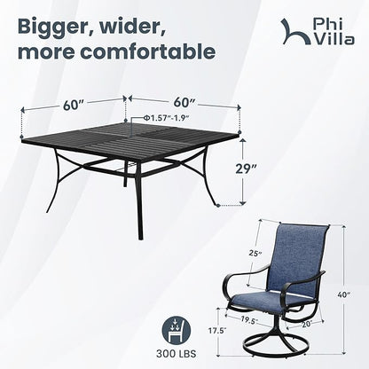 PHI VILLA 9 Piece Outdoor Patio Dining Set, Large Square Metal Dining Table and 8 Outdoor Swivel Dining Chairs, Patio Table and Blue Chair Furniture Dining Set for 8 Person