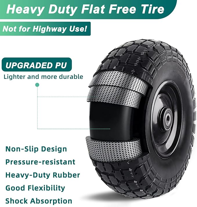 12'' Flat Free Tires Rubber Replacement Solid Tire and Wheel Assemblies for Hand Trucks Garden Cart Wheelbarrow - 3.5”Wide Polyurethane Tires 2.1 Hub with 5/8 Inch Axle Borehole (410/350-6)