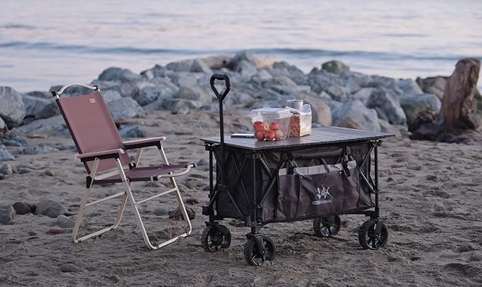 Whitsunday Folding Collapsible Utility Wagon, 400Lbs Heavy Duty Outdoor Park Beach Wagon with Table and Side Pocket for Garden Camping Sports Shopping Grey