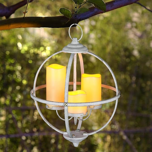 Battery Operated Outdoor Candle Chandelier - White Metal Globe Hanging Pendant Light with 3 Flameless Candles, 12.6" Waterproof Lights for Gazebo, Pergola, Garden, Porch & Backyard
