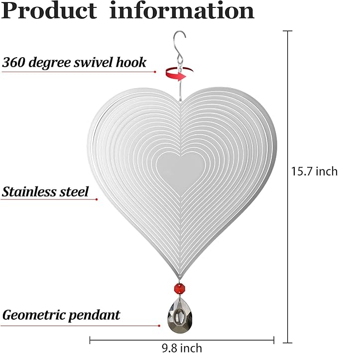 Wind Spinner, Hanging Wind Sculptures,Wind Spinners for Yard and Garden Decor,Yard Decorations Outdoor,Hanging Art Ornaments for Garden Yard Balcony Decor (Silver Heart)