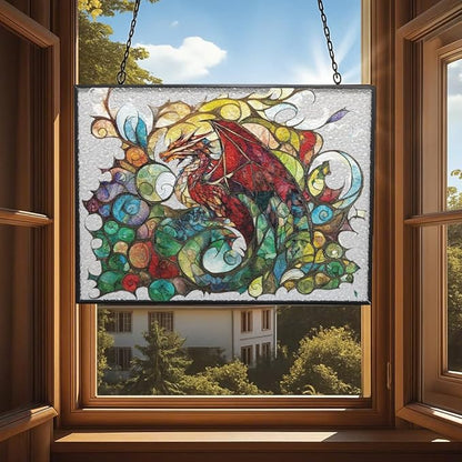 Rectangle Blood Dragon Stained Glass Window Hanging Sun Catcher Halloween Haning Ornament Decoration Christmas Birthday Gifts for Lover, Friends