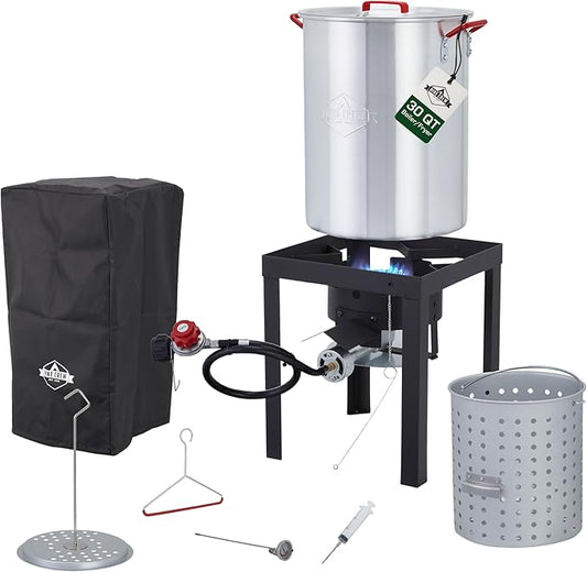 Hike Crew Outdoor Turkey Fryer Kit - Complete Kit for Steaming, Boiling & Frying with 30Qt Boiler Pot, Fry Basket, 12” Thermometer, Injector, Lifter, Turkey Stand, Gloves, Storage Cover & More