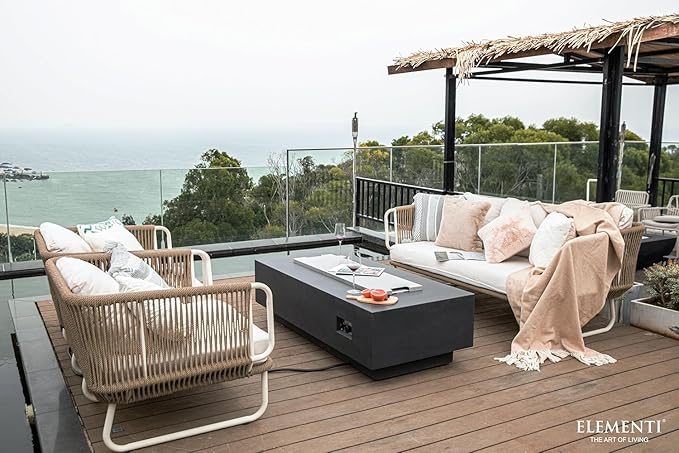 Elementi Granville Gas Fire Pit Bundle Concrete Fire Table, Outdoor Fire Pit Electronic Ignition | Canvas Cover, Lava Rock Included | Free AMS Wind Guard | Dark Gray (Propane Gas)