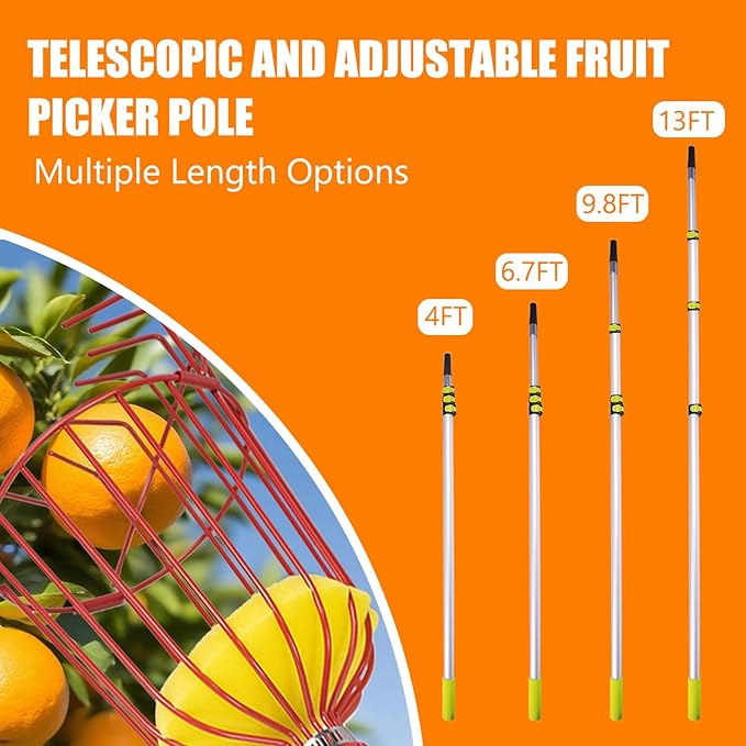 13FT Telescopic Fruit Picker with Wire Basket and Bag Basket,Adjustable Fruit Picker Pole with Basket Telescoping,4-13FT Fruit Picker Pole,Suitable for Picking Apples,Mangoes,Plums and Others