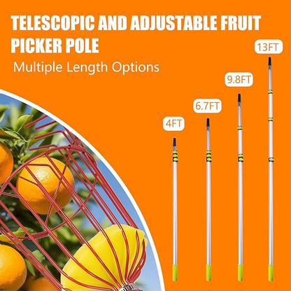 13FT Telescopic Fruit Picker with Wire Basket and Bag Basket,Adjustable Fruit Picker Pole with Basket Telescoping,4-13FT Fruit Picker Pole,Suitable for Picking Apples,Mangoes,Plums and Others