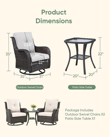 HUMMUH 5 Piece Outdoor Patio Furniture Set Wicker Conversation Bistro Set Swivel Rocking Chairs with Side Table and Ottomans for Backyard, Porch, Balcony