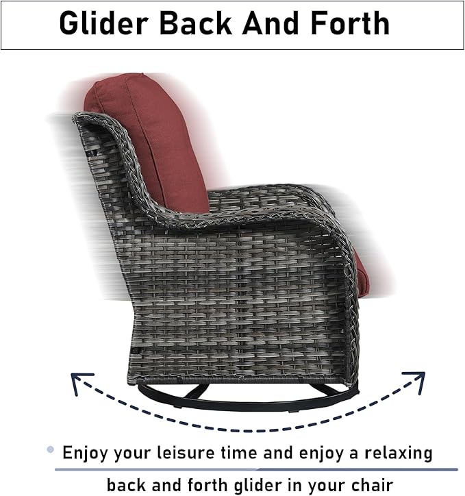Luxury Wicker Swivel Patio Chairs Set of 3, Outdoor Swivel Rocking Chairs with Side Table, Outdoor Bistro Set for Patio, Porch, Yard, Deck, Poolside, Grey/Red