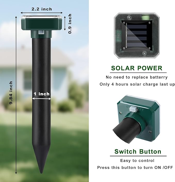 Mole Repellent Solar Powered, 10 Pack Gopher Repellent and Snake Repellent for Yard, Waterproof Ultrasonic Vibration Stakes for Outdoor Lawn Garden to Get Rid of Moles, Voles, Groundhogs, Rodents