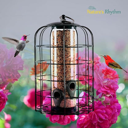 Nature's Rhythm Outdoor Hanging Bird Feeder Cage PC Tube Squirrel Proof Wild Bird Feeder with Large Metal Seed Guard Deterrent