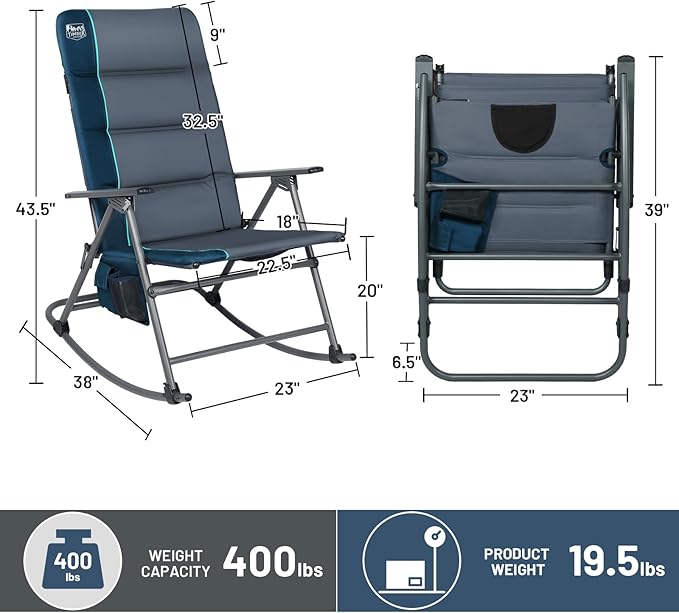 TIMBER RIDGE Oversized Folding Rocking Camping Chair, Padded Outdoor Rocker with High Back, Portable Outdoor Chair for Patio, Garden, Lawn, Supports up to 400 lbs, Blue, 2 Pack