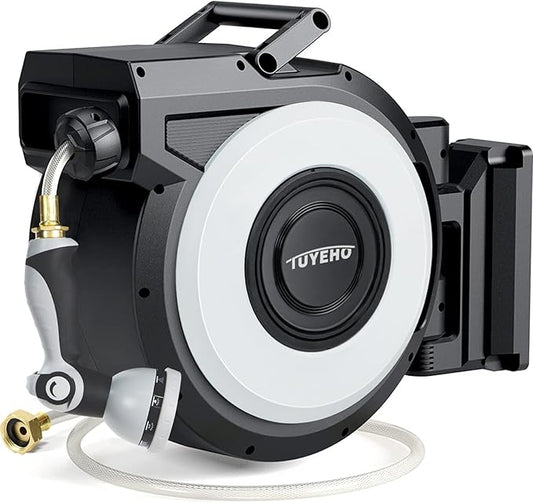 Tuyeho Retractable Garden Hose Reel 5/8" x 90 ft, Wall Mount Water Hose Reels with Automatic Slow Rewind System, Outdoor Hoses Reel with 2 Hose Nozzles for Garden Watering, Car Wash, Pet Shower