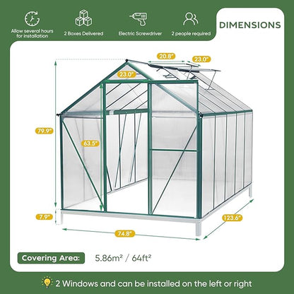 CDCASA 10x6 FT Outdoor Greenhouse, Aluminum Heavy Duty Polycarbonate Greenhouses w/Vent Window, Swing Door, Walk-in Green House for Outside, Backyard