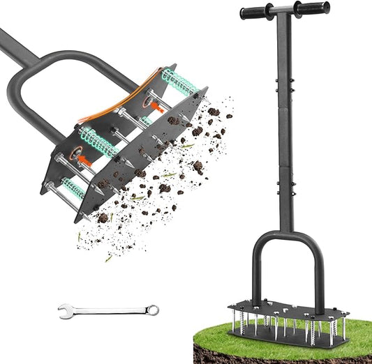 [Bolt-On Base] Lawn Aerator - Kick to Unclog Jammed Springs in 3 Secs! No Welding to Ever Break, 12.2"x6" Wide Plate Saves 20% Time, for Compacted Clay Soil (Pre-Assembled)