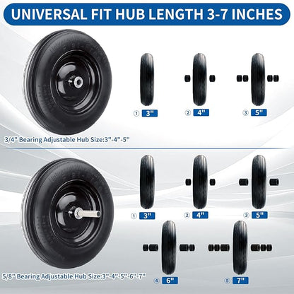 RRQ 4.80/4.00-8 Tire Flat Free, 14.5" Solid Wheelbarrow Tire with 3" Centered Hub and 3/4" Bearings(Comes with 5/8" ID Iron Tube Adapter), Universal Fit 4.80-8, 4.00-6, 3.50/2.50-8 Wheelbarrow Wheels