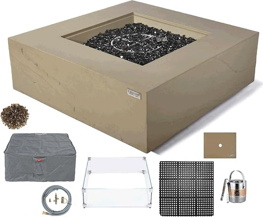 Elementi+ | Bundle Uluru Gas Fire Pit Cast Concrete 40" Square Fire Table, Outdoor Fire Pit Electronic Ignition | Canvas Cover, Fire Glass and Burner Lid Included | Sunlight Yellow | Natural Gas
