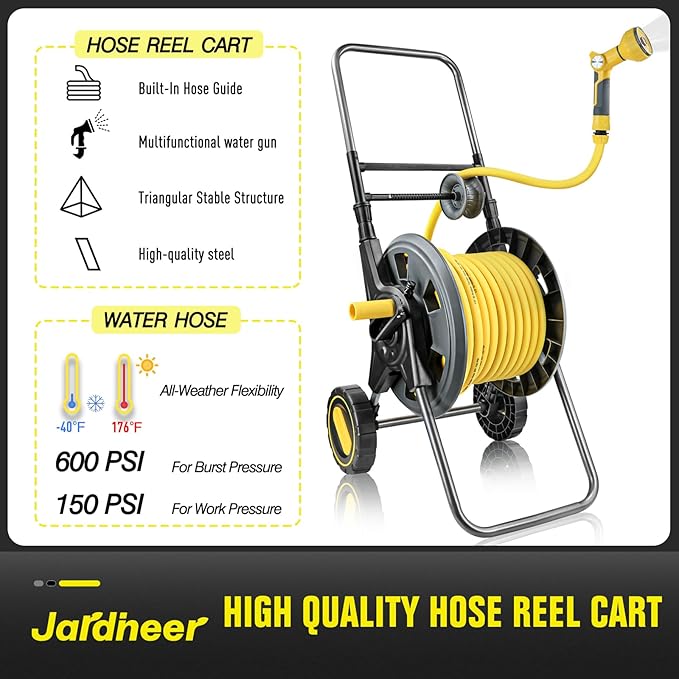 Jardineer Hose Reel Cart with Wheels, Include 100FT Water Hose and Sprayer Nozzle, Portable Garden Hose Set for Watering Flowers, Cleaning Floors, Washing Cars Outside